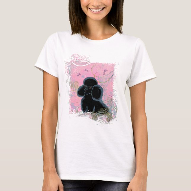 Black Poodle Portrait with Hummingbirds Tee Shirt (Front)