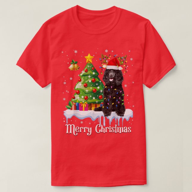 Black Poodle Santa Christmas Tree Lights Dog Lover T-Shirt (Design Front)