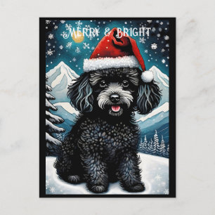 Black Poodle Snowy Mountain Santa Puppy Holiday Postcard