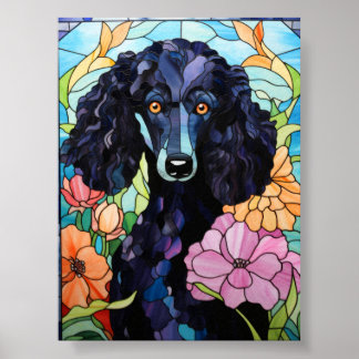 Black Poodle Stained Glass Window Floral Dog Art Poster