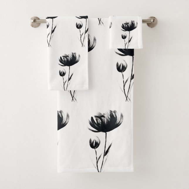 Black Poppies Abstract Flowers Floral Garden  Bath Towel Set (Insitu)