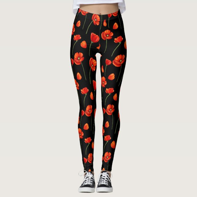 black poppy pattern leggings (Front)
