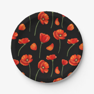 black poppy pattern paper plate
