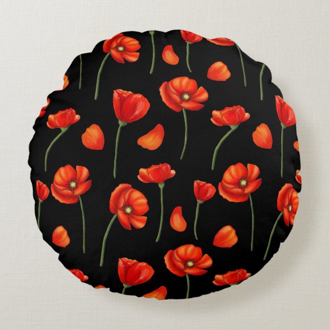 black poppy pattern round cushion (Front)