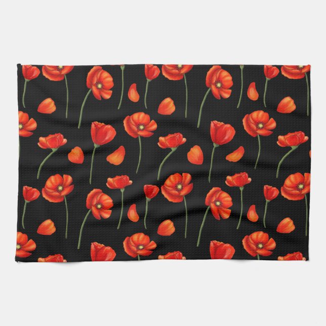 black poppy pattern tea towel (Horizontal)