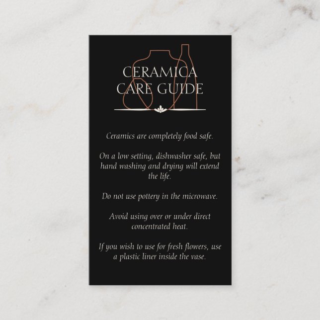 Black Pottery Clay Ceramic Care Instructions Business Card (Front)