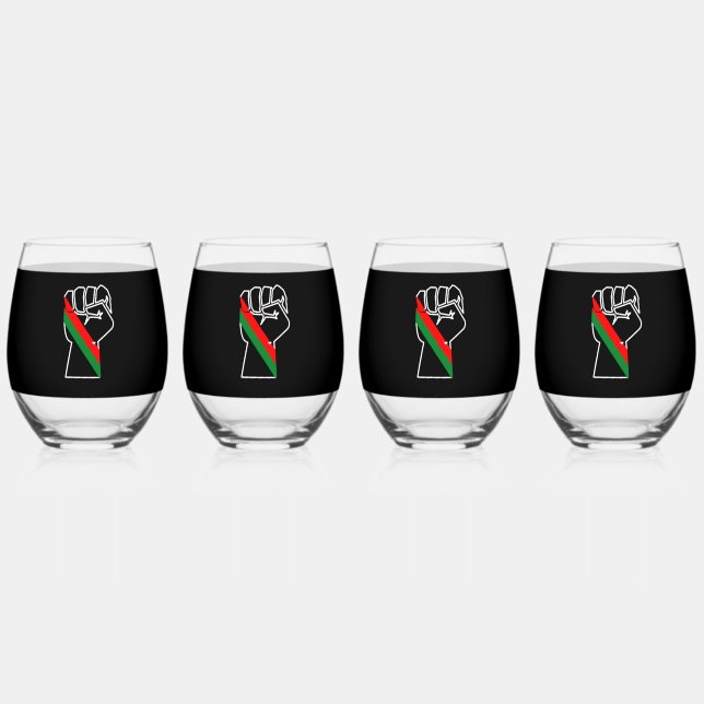 black pride red green fist pan African flag unity  Stemless Wine Glass (Front)