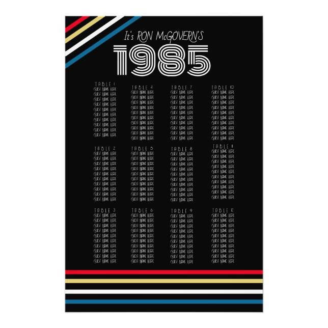 Black & Primary 1985 Retro Stripe Seating Chart Photo Print (Front)