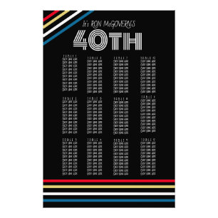 Black & Primary 40th Retro Stripe Seating Chart Photo Print