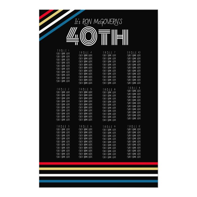 Black & Primary 40th Retro Stripe Seating Chart Photo Print (Front)