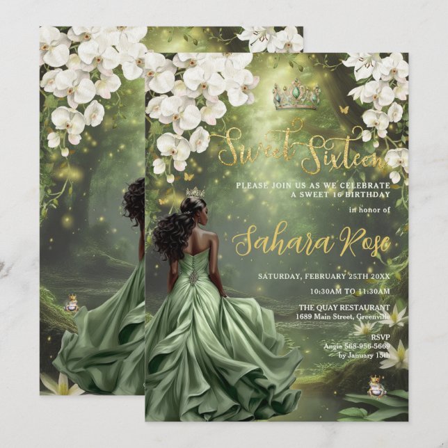 Black Princess and Frog Sage Green Dress Sweet 16 Invitation (Front/Back)