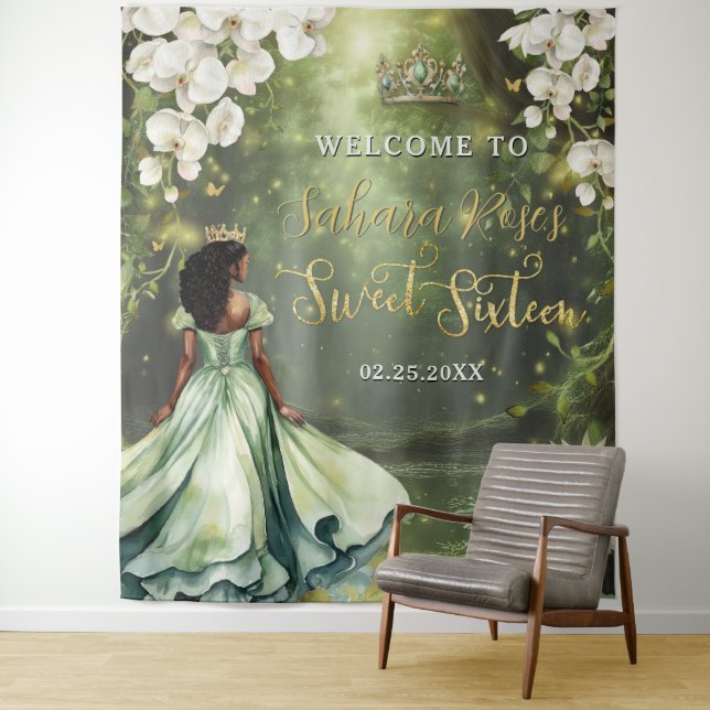Black Princess and Frog Sage Green Dress Sweet 16  Tapestry (In Situ)