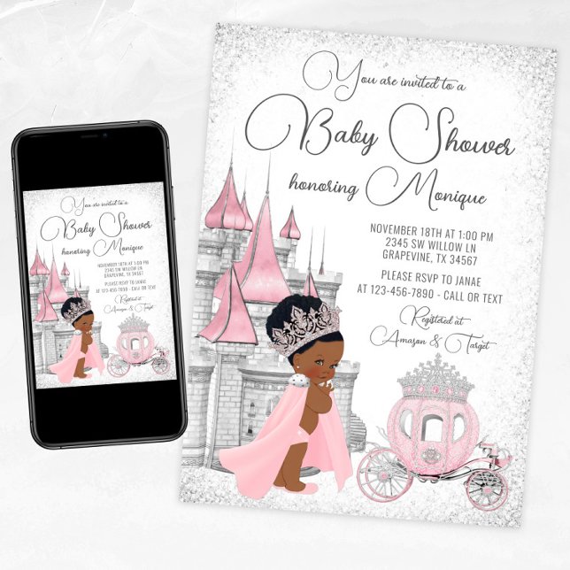 Black  Princess Baby Shower  Invitation (Pink silver princess baby shower invitation with African princess, castle and carriage.)