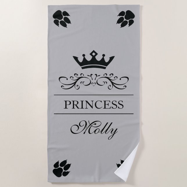 Black Princess Crown And Dog Paws With Custom Name Beach Towel (Front)