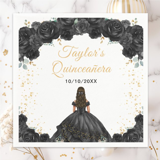 Black Princess Floral Quinceañera Napkin (Creator Uploaded)
