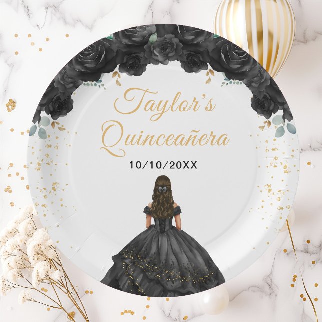 Black Princess Floral Quinceañera Paper Plate (Creator Uploaded)