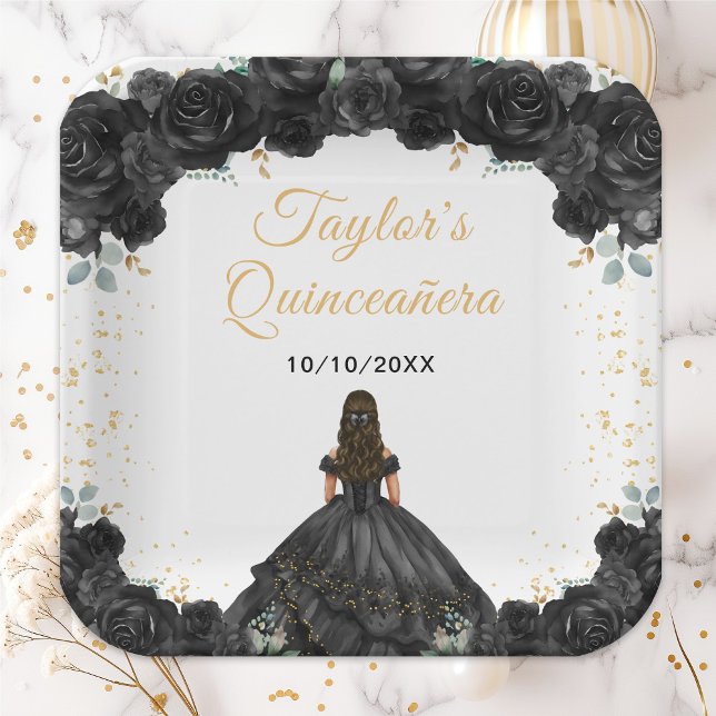 Black Princess Floral Quinceañera Paper Plate (Creator Uploaded)