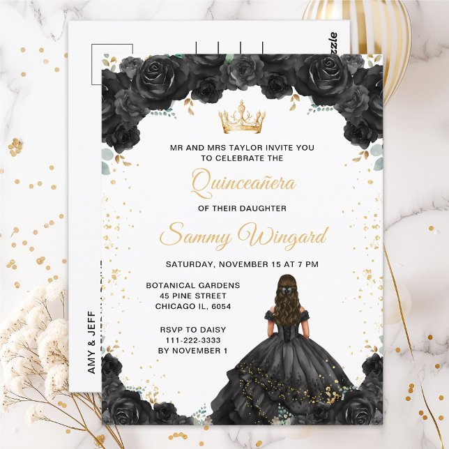 Black Princess Floral Quinceañera Postcard (Creator Uploaded)