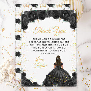 Black Princess Floral Quinceañera Thank You Card