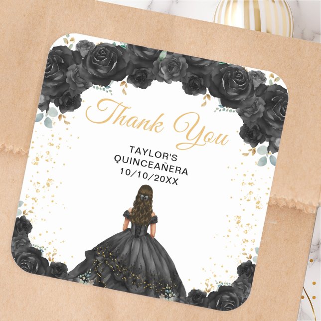 Black Princess Quinceañera Thank You Square Sticker (Creator Uploaded)