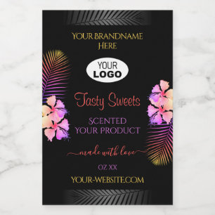 Black Product Label Colourful Hawaiian Flowers Log
