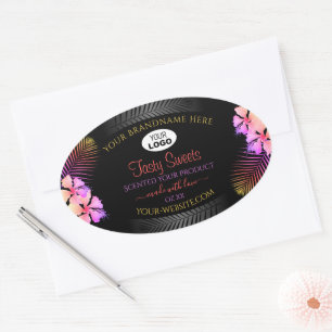 Black Product Label Colourful Hawaiian Flowers Log