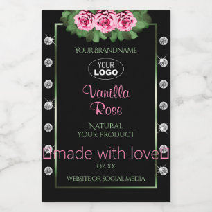 Black Product Label Green Pink Roses Diamonds Logo