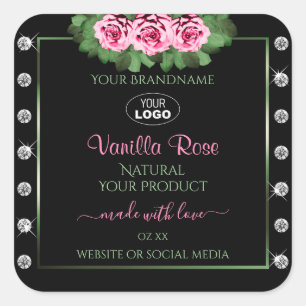 Black Product Label Green Pink Roses Diamonds Logo