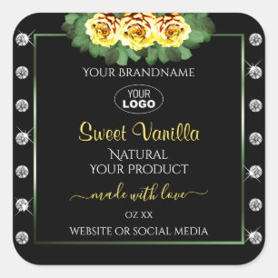 Black Product Label Green Yellow Roses Jewels Logo