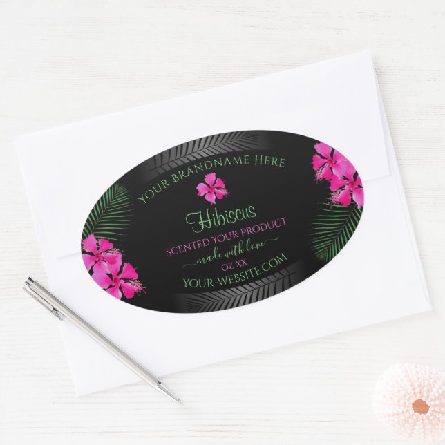 Black Product Label Pink Flowers Green Palm Leaves (Envelope)