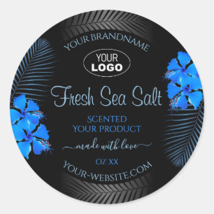 Black Product Label Sky Blue Hawaiian Flowers Logo