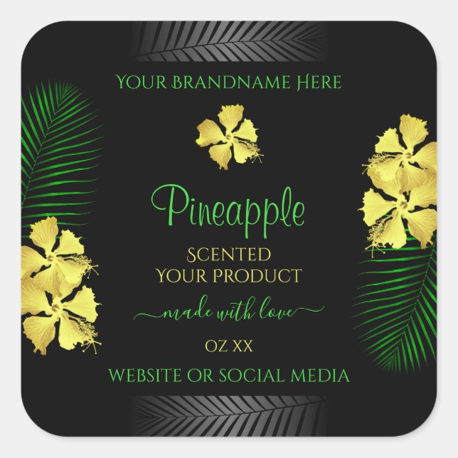 Black Product Label Yellow Green Hawaiian Flowers (Front)