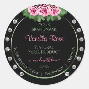Black Product Labels Green and Pink Roses Diamonds