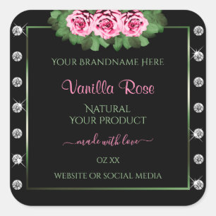 Black Product Labels Green and Pink Roses Diamonds