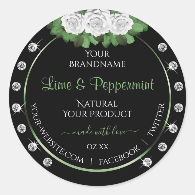 Black Product Labels Green and White Roses Jewels (Front)