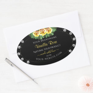 Black Product Labels Green and Yellow Roses Jewels