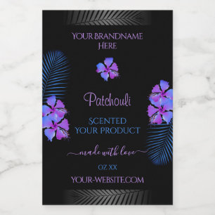 Black Product Labels Tropical Purple Blue Flowers