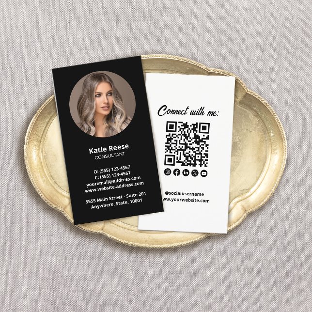 Black Professional Photo Social Media QR Code Business Card (Creator Uploaded)