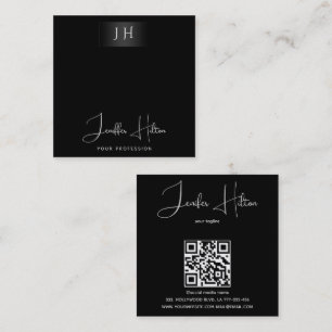 Black professional QR code minimalist monogram Square Business Card