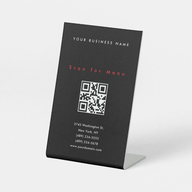 Black Professional Scannable QR Code Menu Pedestal Sign (Front)