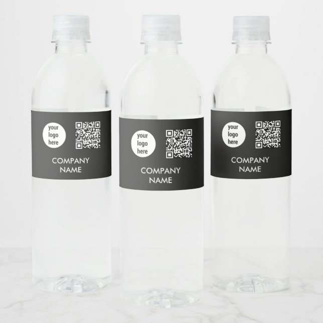 Black Promotional Business Logo Text Name QR Code Water Bottle Label (Bottles)