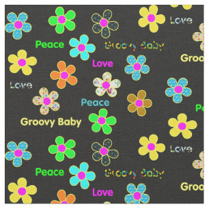 Black Psychedelic 60s Groovy Flowers Print Fabric