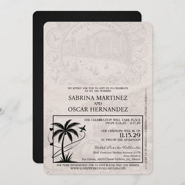 Black Puerta Vallarta Passport Wedding Invitation (Front/Back)