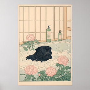 Black Pug Bathroom Print Kawaii Japandi Ukiyo-e