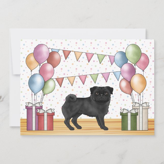 Black Pug Cartoon Dog Colourful Pastels Birthday Invitation (Front)