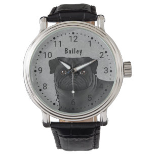 Black Pug Cartoon Dog Face Close-Up With Name Grey Watch