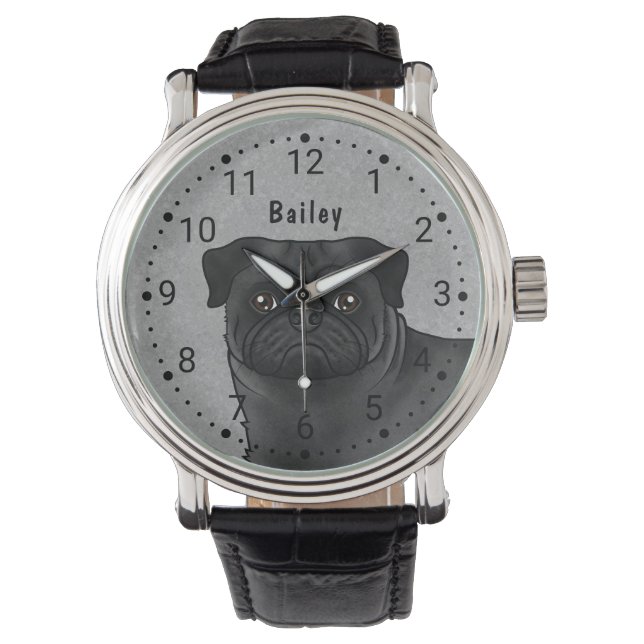 Black Pug Cartoon Dog Face Close-Up With Name Grey Watch (Front)