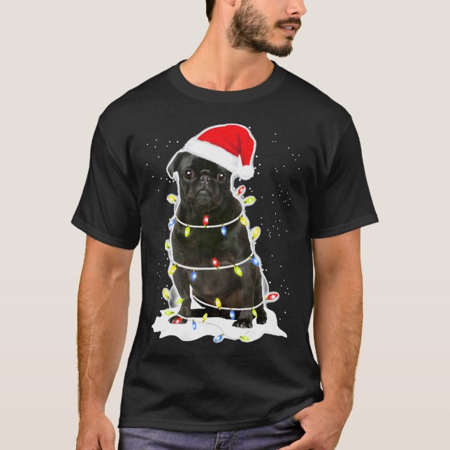 Black Pug Christmas Light 134 T-Shirt (Front)