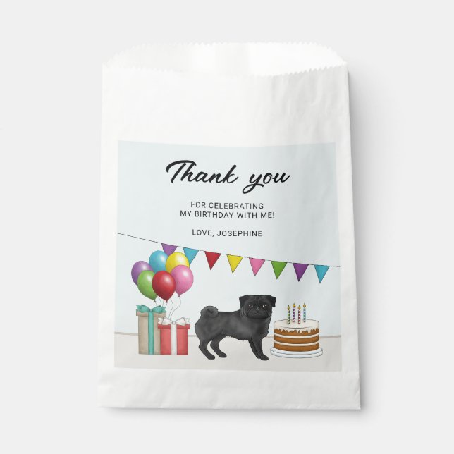 Black Pug Cute Cartoon Dog Birthday Thank You Favour Bags (Front)