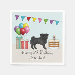 Black Pug Cute Cartoon Dog Colourful Birthday Napkin